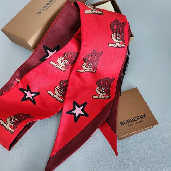 NEW  Authentic Burberry Red Logo Silk Skinny Two Tone scarf Head scarf bag Wrap - Picture 2 of 10